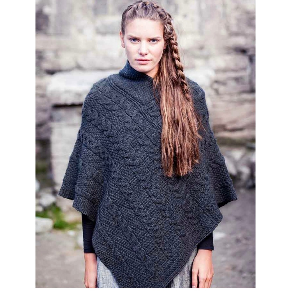 Aran Crafts Merino Wool Poncho Women S/M Charcoal Grey Rustic Boho Cottagecore